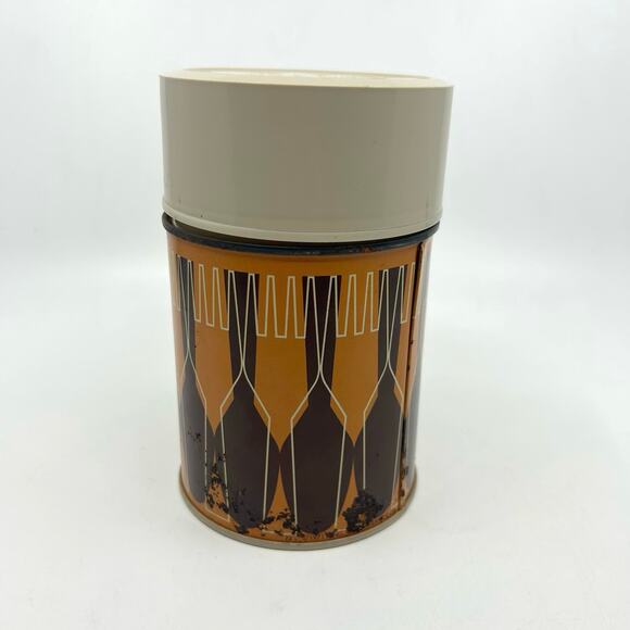 Vintage 1971 King-Seeley Thermos Orange/Brown Pattern, Camping Lunch Insulated - Picture 4 of 5